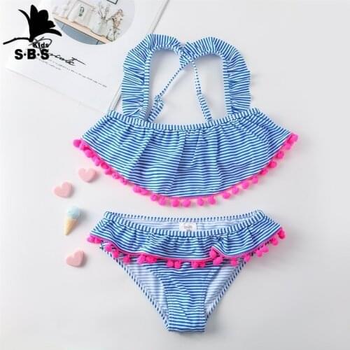 2020 Summer Girls Swimsuit with Ruffle Childrens Swimwear Two Piece Blue Striped Swimsuit for Girls Bathing Suit Beach Suit