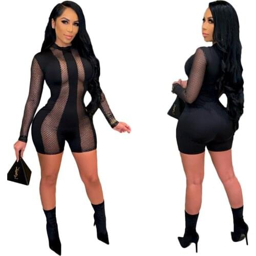 New Fashion Women Skinny Club Jumpsuit Square Neck Sexy Mesh See Through Long Sleeve Bodycon Pencil Shorts Rompers For Nightclub