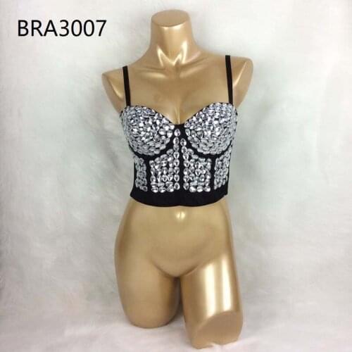 New Sexy Womens Punk Style Beaded Party Club Bra Black Push Up Diamond Rave Studded Bra Nightclub Costumes Bras Clubwear 3007