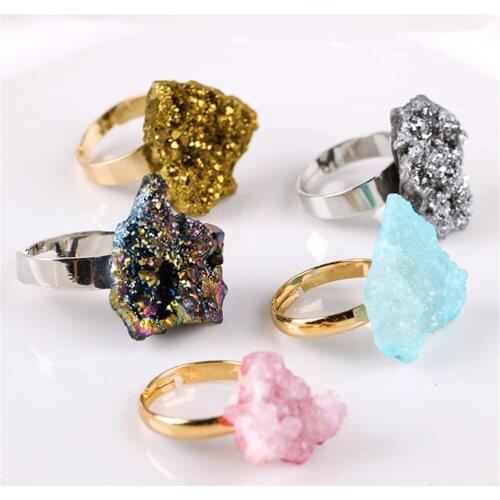 Wholesale 3pcs/Lot Natural Druzy Crystal Cluster Open Ring Electroplated Agatess Hole Ring Individual Stone Ring Free Size