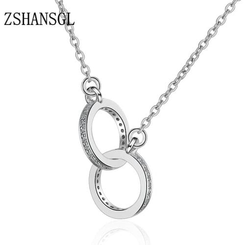 925 Sterling Silver Double Circle Round CZ Zirconia Necklaces & Pendants For Women Long Chain Gift kolye choker collares bijoux