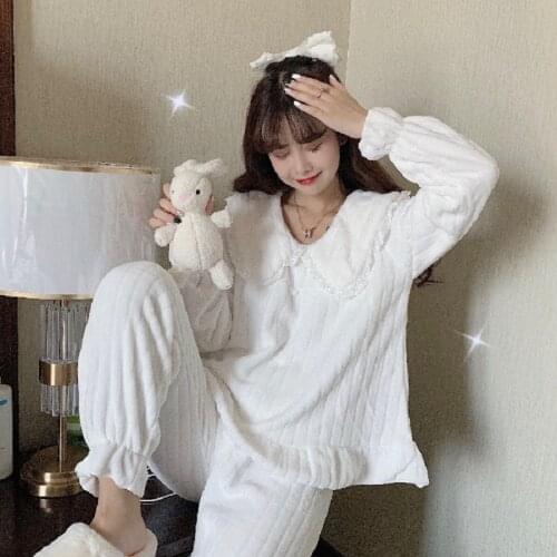 Winter Big Size Leisure Cute Lace Solid Color Flannel Women Pajamas Turn-Down Collar Long Sleeve Trousers Home Wear Nightwear