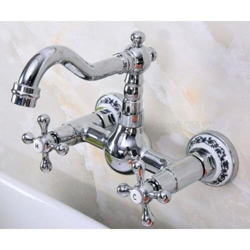 Polished Chrome Dual Cross Handles Wall Mounted Bathroom Kitchen Basin Sink Swivel Faucet Mixer Tap znf967