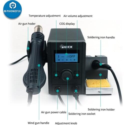 QUICK 715 Newest 2 IN 1 BGA Rework & Soldering Station including Quick 2008 air gun + QUICK 936A Soldering iron for Phone Repair