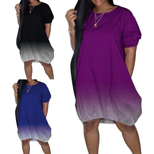 Women Dress Gradient Color O-neck Cotton Blend Short Sleeve Summer Streetwear Big Sizes Loose Casual Sundress Beach Dresses