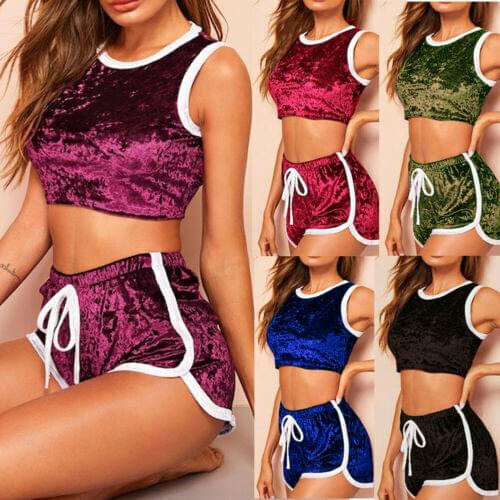 Sexy Women Velvet Set Nightwear Velour Crush Crop Top+Shorts Loungewear