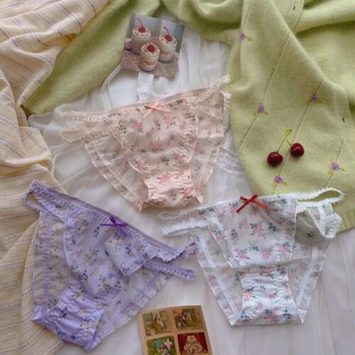 Sweet Underpants Women Girl Pink Underwear Cute Transparent Thong Panties Briefs Floral Low-rise Kawaii Seamless Lingerie Femme