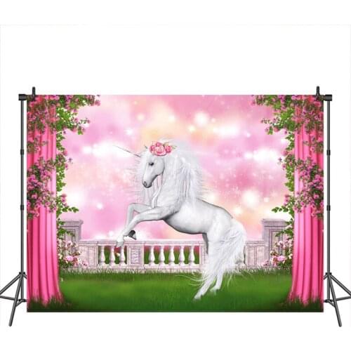 Vinyl Fantasy Spring Scenery Photography Backdrops Unicorn Pink Glitter photo booth backdrop decorations