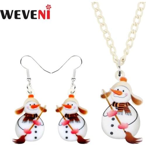 WEVENI Acrylic Christmas Cartoon Sweeping Snowman Jewelry Sets Necklace Earrings Girl Teen Women 2019 Party Charm Gift Accessory