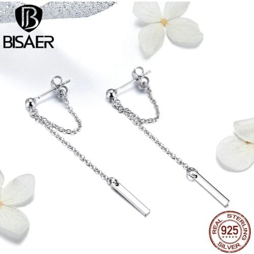 BISAER Hot Sale Long Chain Earrings 925 Sterling Silver T Bar Korean Long Chain Women Stud Earrings 925 Silver Jewelry ECE550