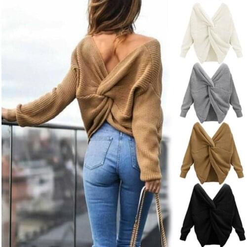 Sexy Solid Color Sweater Women V Neck Twisted Back Knot Sweater Long Sleeve Pullover One Size Loose Warm Sweater свитер