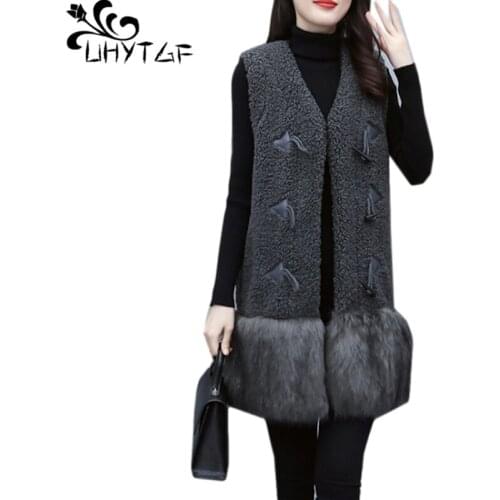 UHYTGF Quality Lambswool Autumn Winter Vests For Women Fashion Stitching Female Jacket Casual Warm 5XL Plus Size Waistcoat 1956