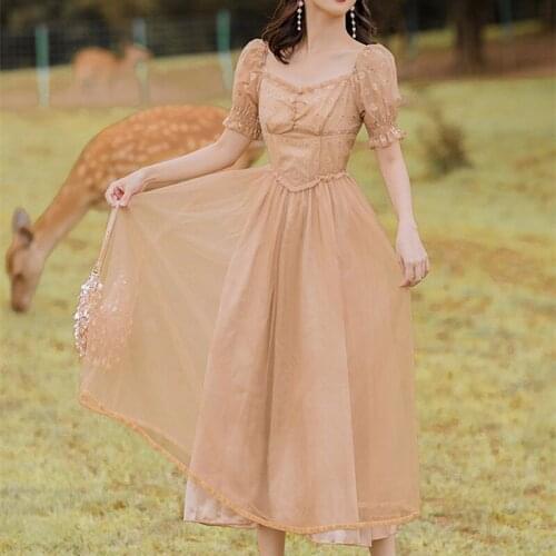 Women French Romantic Girl Sweet Retro Daisy Floral Dresses Summer Ruffle Folds V-neck Sexy Elegant Fairy Dress