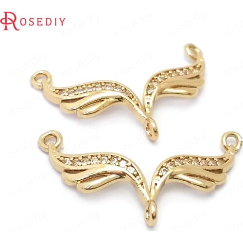 39087)6PCS 14x22MM 24K Gold Color Brass and Zircon Curve Shape Wings Charms Pendants Jewelry Making Supplies Diy Accessories