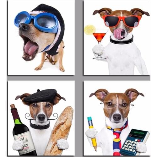 4Pcs Fashion Cool Sunglasses Puppy decoration dogs wine glass canvas painting print wall art pictures For Living room unframed
