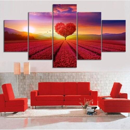 Canvas Painting Prints 5 Pcs Red Heart Tree Sunrise Sea Flowers Wall Art Modular Pictures Landscape Poster Home Decoration