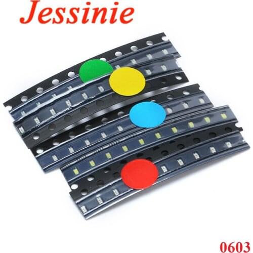 50pcs (5 colors x 10pcs) 0603 SMT SMD LED Chip Assorted Kit Blue Red White Green Yellow Light Emitting Diode Lamp
