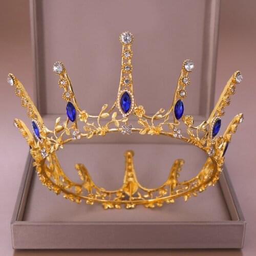 AiliBride Gold Crown Round Blue Crystal Wedding Crown tiara Queen Bridal Diadem Headpiece Hair Jewelry Wedding Hair Accessories