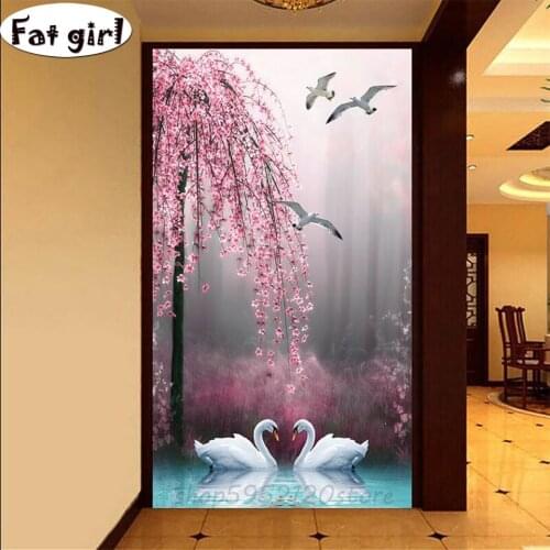 Embroidery lake tree Landscape Handmade Diamond Painting Swan flower round square Needlework Mosaic Cross Stitch Home Decor