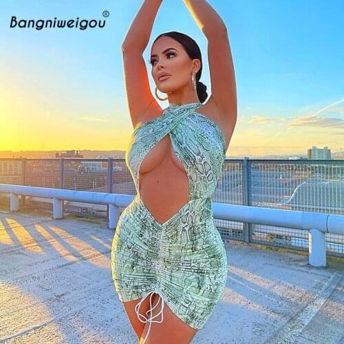 Bangniweigou diamond cut out animal print halter bandage dress women summer sexy club outfit snakeskin print ruched mini dresses