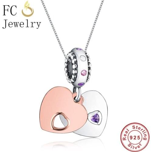 FC Jewelry 925 Sterling Silver Rose Gold Purple Color Couple Love Heart Pendant Necklaces For Women Chain Choker Trinket Gifts