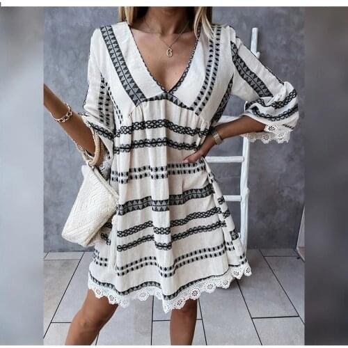 Striped Cotton Lace Half Sleeve Summer Dress Women Casual A-line V-neck Mini Dress Ladies Holiday Vintage Party Dress Vestidos
