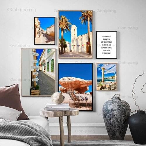 Canvas Painting Blue Sky City Street Indicator Coconut Tree Wall Art Posters and Prints Nordic Art Wall Pictures for Living Room