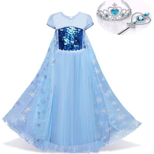 Elsa Cosplay Princess Costume For Girls Multi-Mesh Sequined Ankle-Length Cloth For Children Glitter Cloak Short Sleeve Dress
