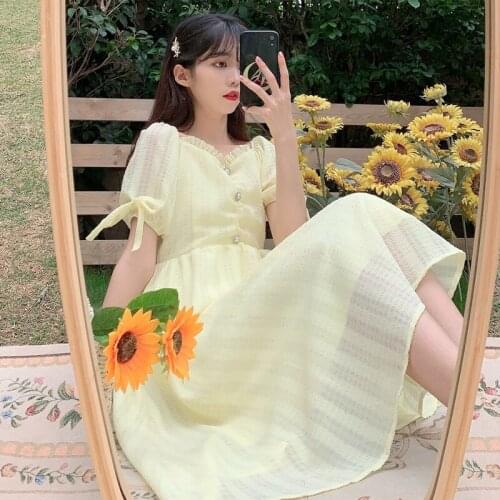 Sweet Hipster Square Collar Puff Sleeve Elegant Medium-Length Skirt 2020 Summer New French Non-Mainstream fairy dress