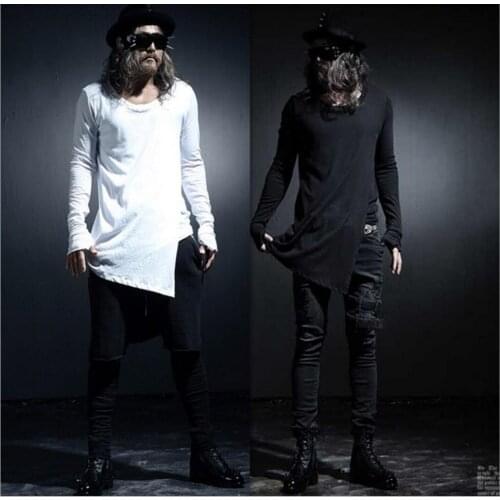 S-5xl Hot New Men Long-sleeved T-shirt And Long Irregular Row Of Fashion Black White Personality Shirts Singer Stage Costumes