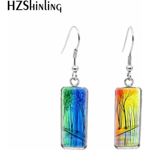 2020 New Color Rainbow Rectangular Earring Handcraft Earrings Glass Cabochon Fish Hook Earring Jewelry Gifts