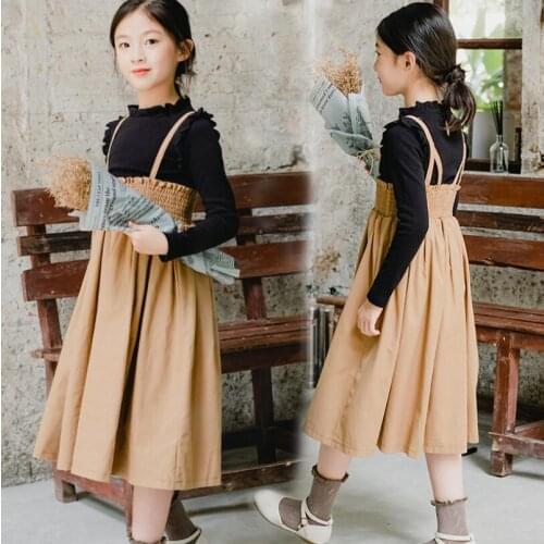 Fall teenage girls clothes long sleeve bottom shirt+fold suspender dress set kids clothing school girls outfits children suit