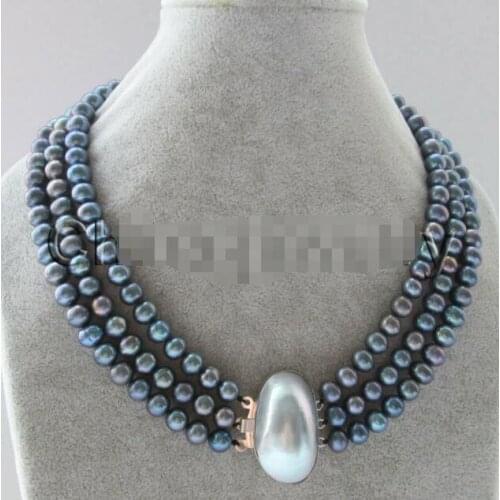 3row 17-19" 8-9mm natural black round freshwater pearl necklace - shell
