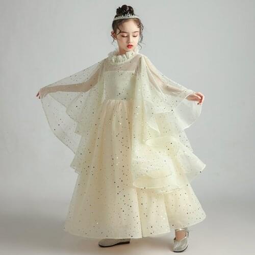 Flower Girl Dresses Illusion Sequined Floor-Length Full O-Neck Tulle Princess Luxury Champagne Lovely Lace Kids Party Gown H345