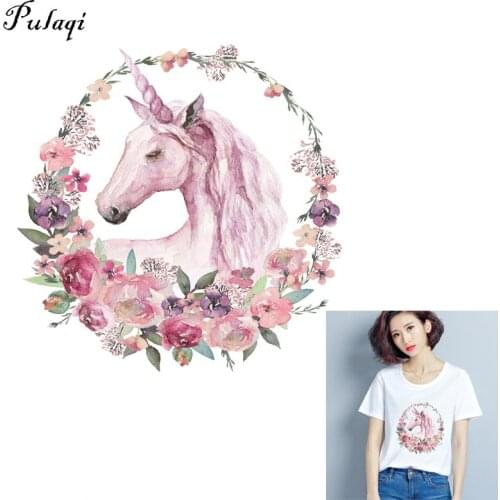 Pulaqi Unicorn Patch T-shirt Press Heat Transfer Sticker A-level Washable Iron On Appliques For T-shirt DIY Dresses Decoration D