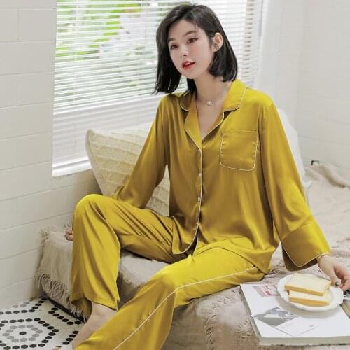 Luxury Silky Satin Pajamas Set Solid Pockets Design Sexy Nightwear 2021 Spring New Ladies Sleepwear Fashion Party Home Clothing