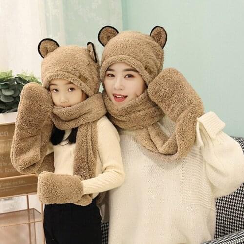Parent-Child Family Matching Winter 3 In 1 Scarf Hat Gloves Mother Kids Cute Bear Ears Winter Fluffy Plush Hoodie Earflap
