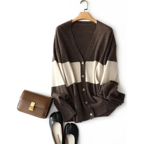 SHUCHAN 100% Cashmere Sweater Women England Style V-Neck Single Breasted Oversized Vintage Cardigan Loose Top Knitted