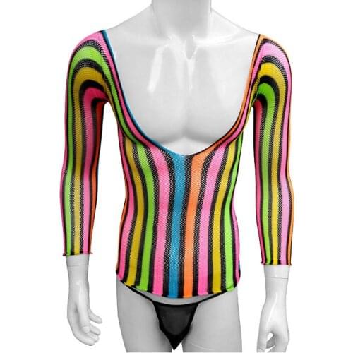 Sexy Fishnet Sissy Cross Dress Bodysuit Lingerie All-In-One Sheer dress rainbow Babydoll Lace Long Sleeve Wet Mini Costume