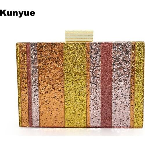 Stylish Wallets Brand Fashion Golden Acrylic Evening Bag Women Glitter Sequins Clutch Purse Striped Patchwork Party Prom Handbag