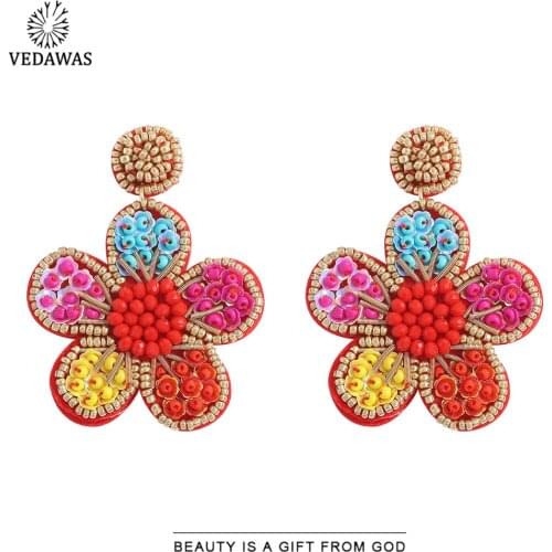 Vedawas Boho Beads Flower Earrings for Women Ethnic Colorful Acrylic Handmade Elegant Drop Earrings Wedding Jewelry Party Gifts