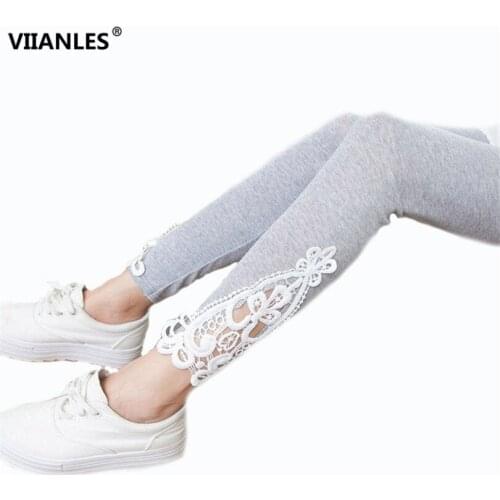 VIIANLES High Quality Cotton Pants Elasticity Fashion Clothing Hollow Out Lace Women Grey Black Pencil Pants Mid Waist Trousers