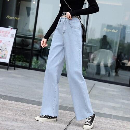Womens Jeans Wide Leg High Waist Straight Jeans Loose Casual Autumn 2020 New Solid Color Pants Blue Street Clothing Female