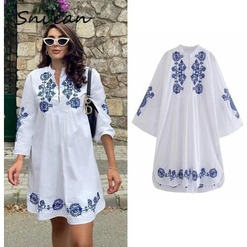 Blue Floral Embroidery Boho Dress Blanche Za 2021 Women Summer Vestidos De Mujer Casual Robe Femme Sukienka Letnia Long Sleeve