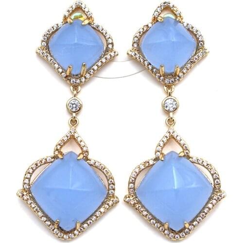 6pairs CZ Paved Blue Green Jade Stone Drops Earrings Geometric Long Dangle Tassel Earrings For Women Bridal Wedding Jewelry