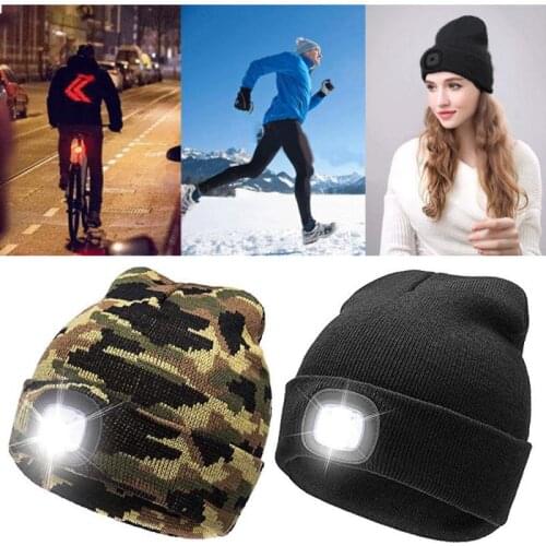 4 LED Lighted Cap Warm Beanies Hands Free Battery Type Fishing Running Beanie Hat Flash Headlight Camping Caps Lighted Hats