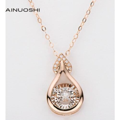 AINUOSHI 18K Rose Gold 0.06ct Real Diamond Pear Shaped Dancing O-Chain Pendant Necklace Hard Gold Jewelry For Trendy Women 18