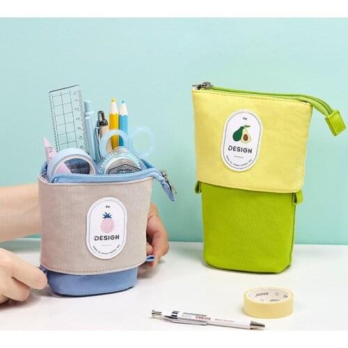 Korea Fresh Cute Pencil Case Canvas Telescopic Standing Kawaii Pencilcase Macaron School Pencil Holder Bag Stationery Kalem