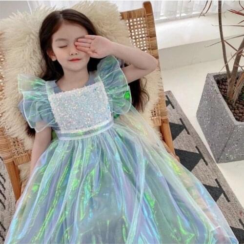 Mesh Patchwork Dress for Kids 2021 Fashion Summer Clothing Lantern Sleeve Party Dress with Sequin Mid-Calf Length Princess Dress