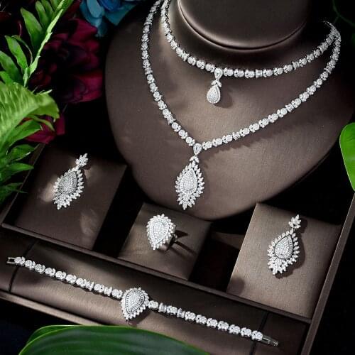 HIBRIDE Two Layers White Color Women Bridal Wedding Cubic Zirconia Jewelry Set Necklace and Earring Set bijoux femme ense N-1190